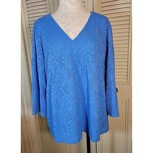 Ruby Rd Pullover Lace Bright Blue Women's Size 1X ¾ Sleeve V-Neck Top EUC